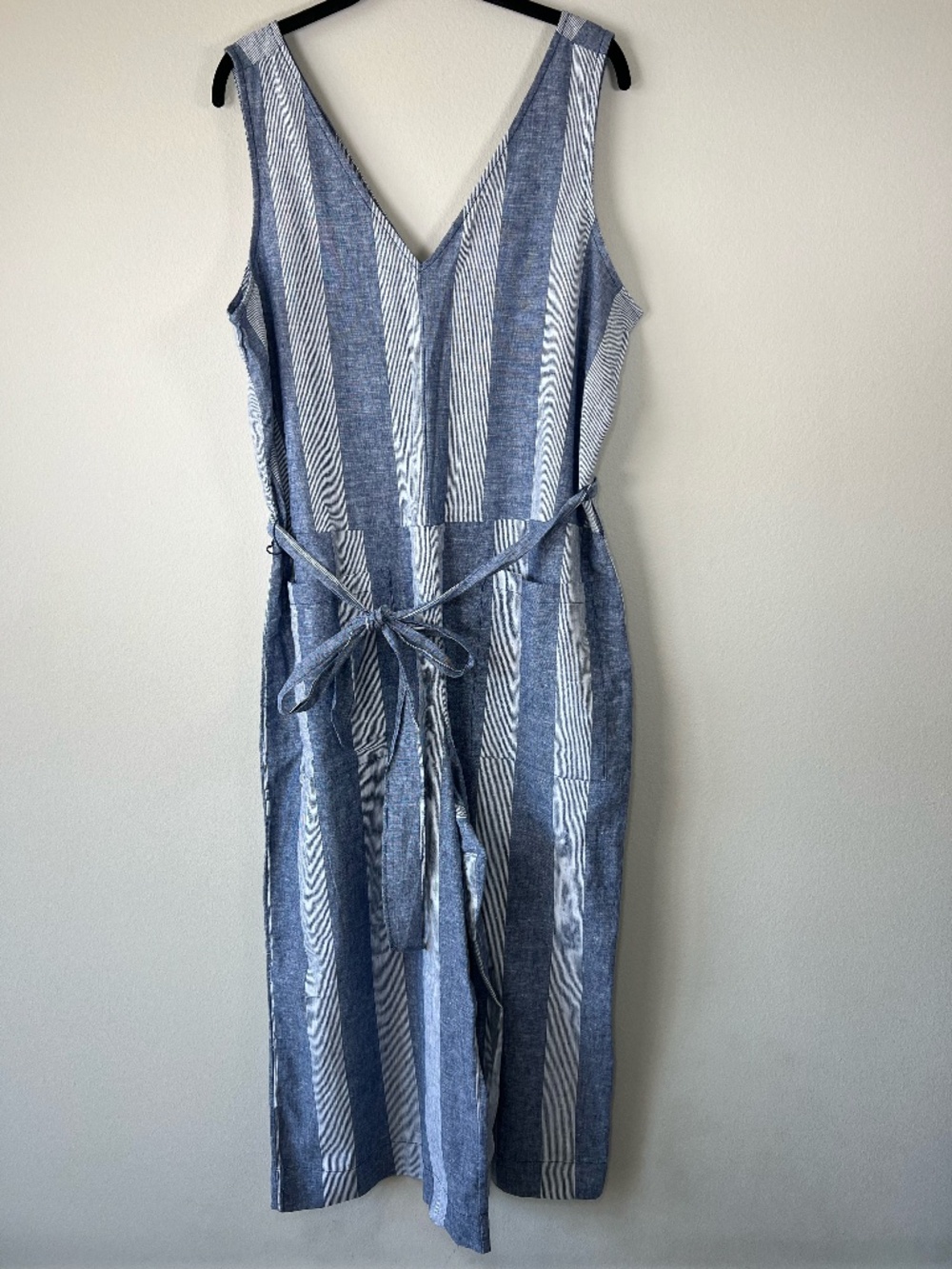 Beach Lunch Lounge Linen Blend Cropped Jumpsuit Blue Stripe Wide Leg Coastal Lg